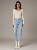 Jean skinny décontracté taille haute respirant bleu clair de luxe avec boutons dorés pour femme