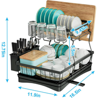 Égouttoir à vaisselle moderne à double niveau, réglable, non pliable, avec supports de rangement, construction robuste en acier au carbone, pour la maison