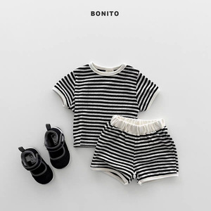 Neues Sommer-Streifenoutfit aus Reiner Baumwolle für Jungen Kurzärmeliges T-Shirt und Shorts Zweiteiliges <span class=keywords><strong>Set</strong></span> - Product Image 4