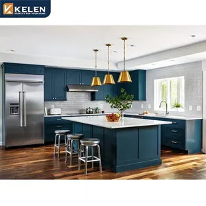Kelen 2024 tủ bếp thiết kế màu xanh sơn mài với đảo Shaker phong cách gỗ rắn gỗ hồng mộc đặt tủ bếp