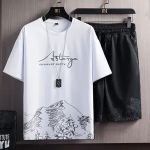 Men's T Shirt high quality Set Summer denim shirts Short Sleeve Tops Pants Suits Breathable Casual korean T Shirt Running Set