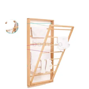 折叠式天然木材壁挂式衣物浴巾烘干机晾衣架，带双面导轨