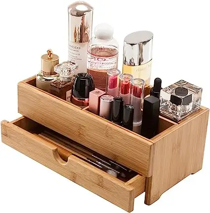 Bamboo Makeup Organizer and Storage with Drawer Wooden Cosmetic Organizer Countertop for Bathroom