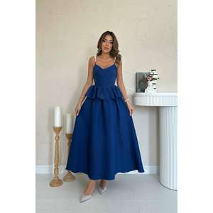 Elegante Vestido de Noche Azul Marino Corte A con Volantes y Tirantes de Perlas, Tela de Lino Transpirable, Escote Corazón - Product Image 6