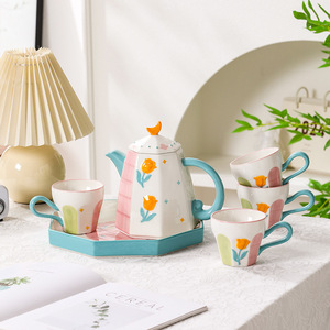 Cute Porcelain <b>Tea</b> <b>Pot</b> <b>Set</b> Hand Printed Flower Teapot and 4 Cups <b>Set</b> for <b>Tea</b> Party - Product Image 6