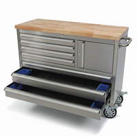 Banc de travail mobile en acier inoxydable - Armoire à roulettes à 7 tiroirs avec plateau en bois, solution de rangement robuste pour atelier
