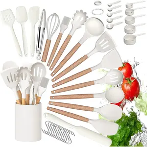 Wholesale Kitchen Tools Gadgets Accessories Silicone Cooking Utensils Kitchenware Wood Silicone Kitchen Utensils Set With Holder