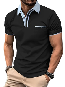 Camisas de Golf de Manga Corta de Algodón Negro para Hombre, Cuello Azul Claro, Logotipo Frontal, Bolsillo, Tejido Casual, Color Sólido, Transpirable, 160g - Product Image 5