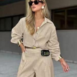 Conjuntos de Lino de Nueva Llegada para Mujer, 2 Piezas, Traje Casual de Cintura Alta a la Moda - Product Image 3