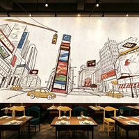 Papier peint mural personnalisable : Paysage urbain vintage gris, dessiné à la main, avec tram, tour de l'horloge et bâtiments européens