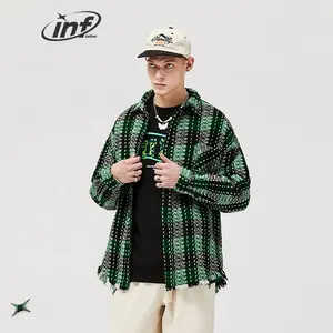 Popular Design Plaid Shirt Jacket 2022 Autumn Heavy Weight Green Long-sleeved Fringed Mens Shirt