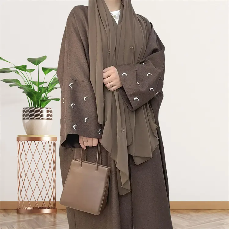 Eid personalizável bordado lua linho abaya quimono feminino vestido muçulmano modesto linho liso abaya roupas islâmicas