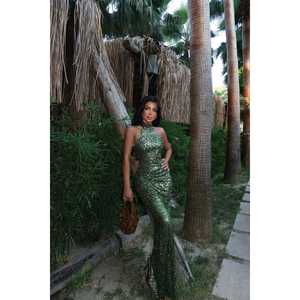 Robe de soirée verte Shion, col montant, longueur ras du sol, ornée de perles 3D, de fleurs et de plumes, taille XL, idéale pour les fêtes et les bals de promo - Product Image 3