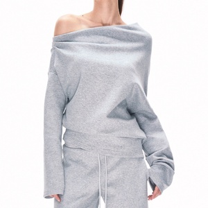 Sudadera informal de un solo hombro para mujer, 100% algodón, cómoda y suave, color gris, camiseta de manga larga para mujer - Product Image 5