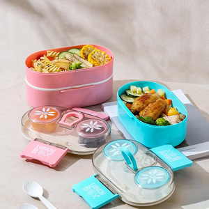Lunch <b>Box</b> Double Layer Sealed Portable Freshness Locking Bento Container Pink And Blue <b>Mixed</b> Packaging Rectangle Shape - Product Image 2