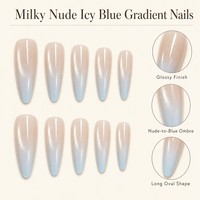 K725 Kaixin Ongles à presser Ombré Bleu Glacé, Bleu Intérieur, French, Forme Ovale Longue, Nail Art
