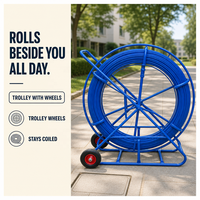 Tire-câble en fibre de verre de 10 mm x 200 m avec chariot à roues pour le tirage de câbles à fibre optique, de câbles réseau et de câbles dans les conduits secs