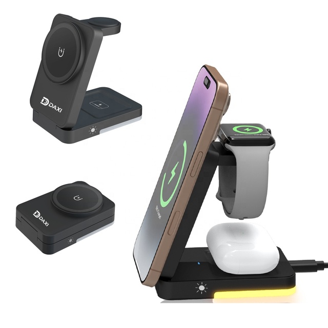 Portable Folding Multi-functional 3 in 1 Magnetic Wireless Charger Station for iPhone iWatch AirPods Watch Earbuds Phone Charger