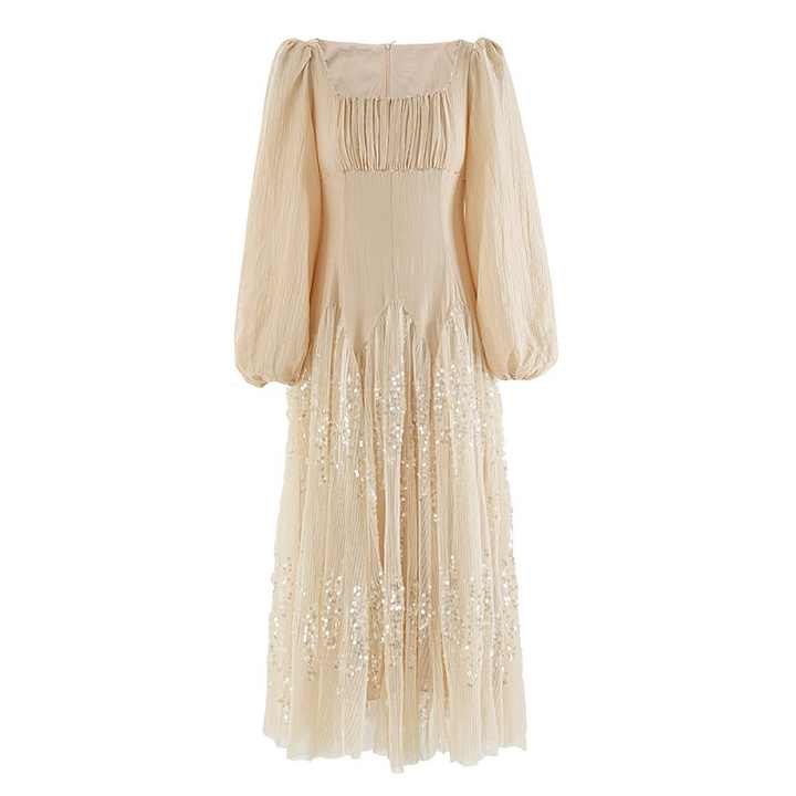 Spring Summer Women Clothing Fashionable Elegant Sexy Slim Fit Square Collar Sequined Hip Split Dress