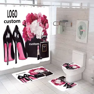 卸売3Dカスタム4PCS印刷女の子ファッションレッドビューティー高級デザイナーシャワーカーテンラグ完全なバスルームセット