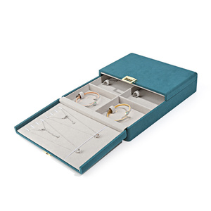Boîtes de rangement pour bijoux de luxe en cuir haut de gamme, empilables, avec grille de rangement en bois, style minimaliste pour voyage - Product Image 4