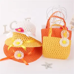 어린이 비치 모자 세트 넓은 챙 노란색 밀짚 와이드 모자 3-10 세 어린이 휴일 여행 핑크 여름 아기 태양 모자