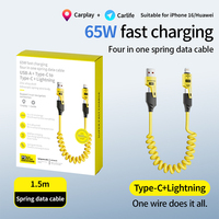 Câble spiralé 4-en-1 à charge rapide PD 65W, double connecteur USB-A et Type-C pour transfert de données vers Type-C pour smartphone