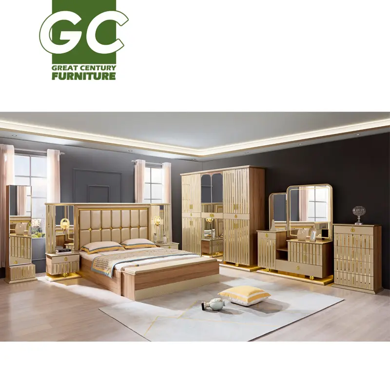 GC made in china regina elegante camera da letto set di lusso oro stile americano casa e bel set di mobili camera da letto