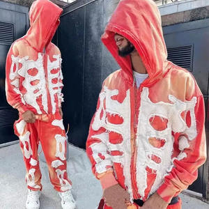 Parches desgastados bordados con pegatina personalizada Logo Streetwear Vintage Sun Faded Hoodie Sets chándales para hombres - Product Image 1