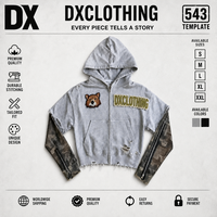 Sweat-shirt à capuche zippé court personnalisé gris camouflage 320 g/m² avec patch animal et appliqué lettres chaîne, effet vieilli, style streetwear, OEM ODM