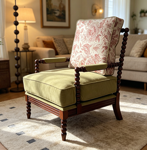 Silla de Salón Tradicional de Madera de Nogal Oscuro con Respaldo Estilo Queen Anne y Tapicería Floral, Muebles de Ocio Hechos a Mano - Product Image 5