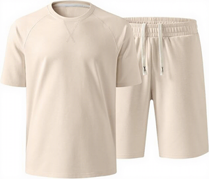 Conjunto de 2 Piezas Unisex de Shorts de Punto Sólido, Cuello Redondo, Manga Corta, Corte Holgado, Transpirable, Ropa Casual de Primavera/Verano, Largo por Encima de la Rodilla - Product Image 5
