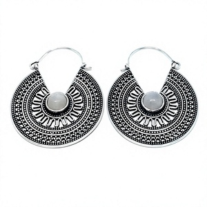 Women's Stylish Bohemian Silver <b>Hoop</b> Earrings with Moonstone Oxidized Brass Jewelry - Product Image 3