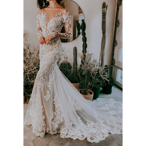 Modest Tulle Perspective Flower Lace up White Long Trail Backless Mermaid Designer Vestido <span class=keywords><strong>de</strong></span> <span class=keywords><strong>madrina</strong></span> <span class=keywords><strong>Vestidos</strong></span> <span class=keywords><strong>de</strong></span> novia Manga larga - Product Image 5