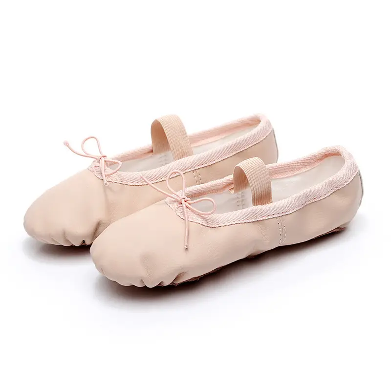 Sepatu Dansa Anak Perempuan, Kualitas Tinggi Sol Penuh Sepatu Balet Kulit Merah Muda