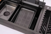Évier de cuisine moderne sous plan, simple bac, en acier inoxydable de haute qualité, avec robinet cascade intelligent extractible, garantie 5 ans