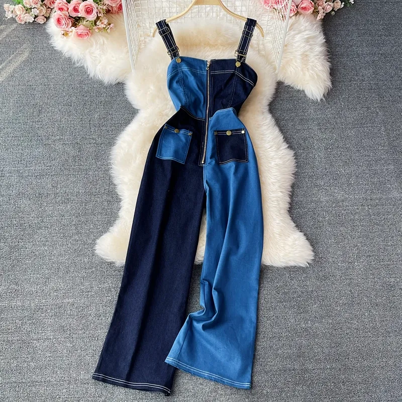 Jumpsuit panjang Denim kasual wanita, jumpsuit lompat warna kontras pinggang tinggi musim panas, jumpsuit kasual