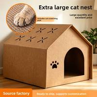 Cama para Gatos de Cartón, Tipo Villa, Semicerrada, con Poste Rascador Integrado, Casa para Gatos Todo en Uno, Transpirable, Cálida y Universal