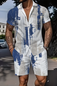 Ensemble de plage estival léger et respirant pour <span class=keywords><strong>homme</strong></span>, comprenant une chemise à manches courtes et un pantalon en polyester avec imprimé lettres bleu et blanc - Product Image 5