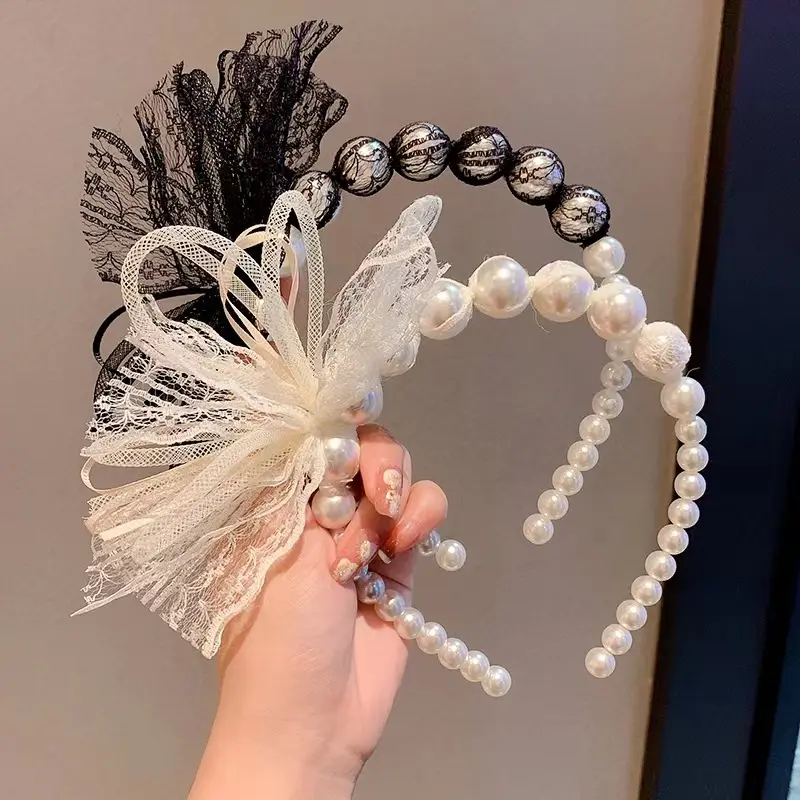 Vendita calda Fasce per capelli con perline fasce per capelli in pizzo con fiocco di perle dolci per capelli da sposa serie di cerchietti da sposa