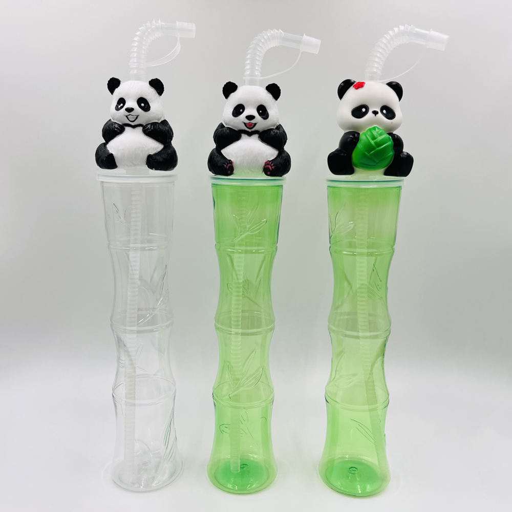 Kids Water Bottles 16oz BPA-Free Plastic Drinking Bottle with Cute Panda Lid Straw Cartoon Bamboo Design Cup for Children