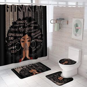 Black Pretty Girl 4 PCS <span class=keywords><strong>Accesorios</strong></span> de <span class=keywords><strong>baño</strong></span> Juego de cortinas de ducha Alfombrilla de <span class=keywords><strong>baño</strong></span> antideslizante Cubierta de tapa de inodoro Cita inspiradora Stock - Product Image 1