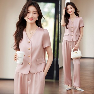 Women's Pink Suit Set Short Sleeve Satin Two Piece Elegant Summer Breathable Pants Set - Product Image 1