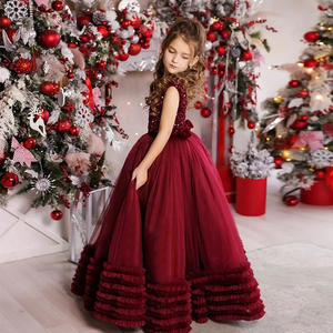 Commerce Extérieur <span class=keywords><strong>Vin</strong></span> Rouge Robe de Soirée <span class=keywords><strong>Pompadour</strong></span> Robe Performance Vêtements Anniversaire Piano Modèle Fleur Fille Robe - Product Image 1