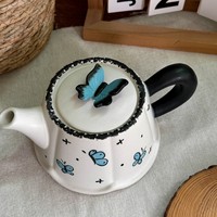 Théière en céramique chinoise style Ins, créative, moderne, minimaliste, mate, peinte à la main, motif floral, papillon tridimensionnel, vaisselle
