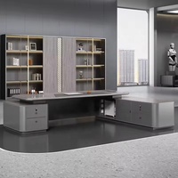 Bureau de direction en forme de L avec panneau matelassé en losanges, gris anthracite, table de bureau moderne de luxe pour PDG, design futuriste