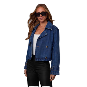 Blouson moto en jean délavé à col rabattu, coupe courte, double boutonnage, manches longues, couleur unie, collection Printemps-Automne 2025 pour femme - Product Image 1
