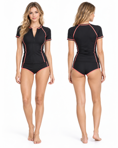 Traje de baño de dos piezas negro para mujer con ribete en contraste rosa, conjunto tankini con cremallera frontal, pantalones cortos de poliéster y elastano de ajuste regular - Product Image 1