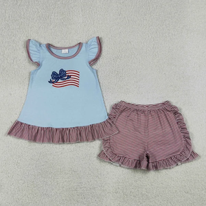 Baby Girls 4th of July Outfit Set Embroidered Bow Flags Tunic Top with Ruffle Shorts - Product Image 1