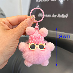 Porte-clés de voiture en fourrure de <span class=keywords><strong>lapin</strong></span> véritable au design anime Real Rex, adorable petit boule de charbon, pendentif fait main pour sac, cadeau - Product Image 1